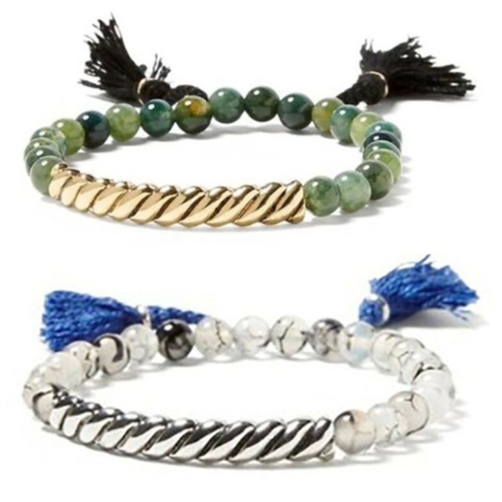 Banana republic Blue and grey Silver Twisted Tassel Bracelet Set of 2 NWT 90